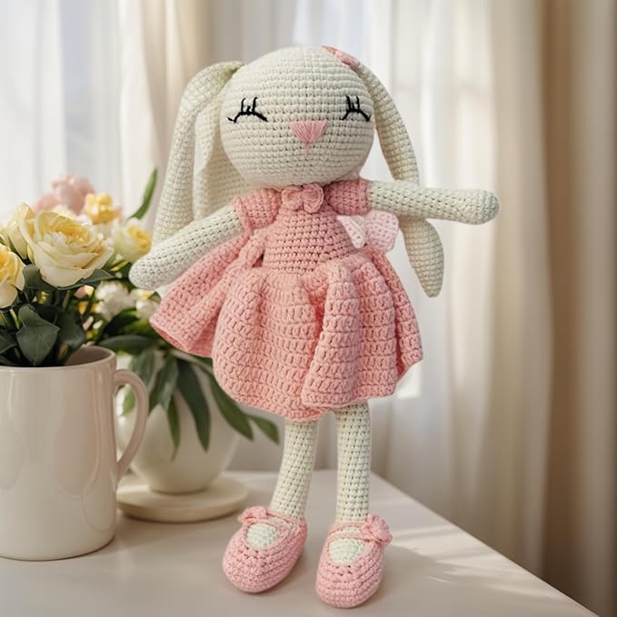 Knitted Stuffed Animal for Baby, Lop Eared Rabbit, Pink Dress Crochet Rabbit Baby Toys, Rattle Bunny Sleeping Toy for 3 4 5 Year Old Girl(10.6 Inches)