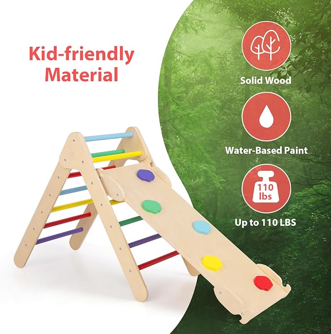 OLAKIDS Pikler Triangle Set 3 in 1 Climbing Toys for Toddlers Wood Montessori Baby Jungle Gym with Ramp Ladder Slide Kids Indoor Playground Activity Play Structure
