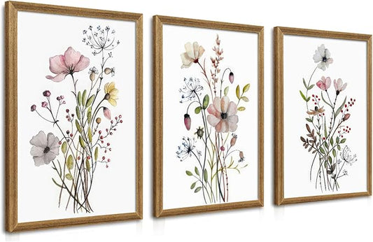 WRFON Framed Botanical Canvas Wall Art Set of 3, Watercolor Floral Prints, Framed Flower Wall Decor for Bedroom Bathroom Living Room, 20x30 Inch Each