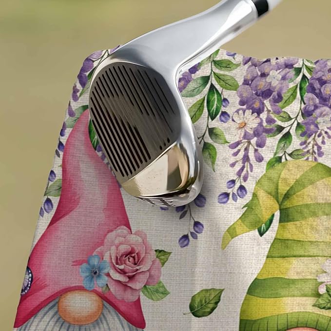 Blue Purple Gnomes Golf Towel with Clip, Spring Vintage Hydrangea Flower Leaf Large Microfiber Women Men Sports Work Out Disc Golf Bag Towel for Yoga, Gym, Fitness, Swimming Towels Accessory