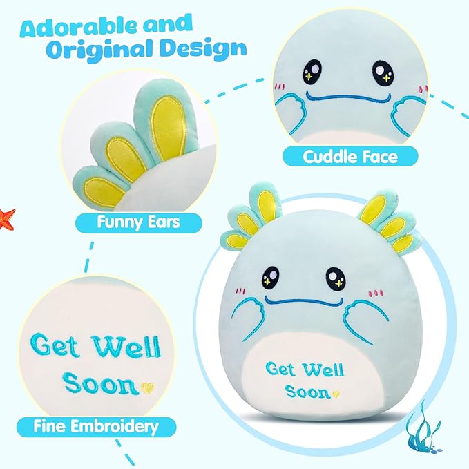 12" Get Well Soon Axolotl Plush Pillow,Soft Axolotl Plushies,Get Well Stuffed Animal,Cute Salamander Plush Feel Better Gifts for Kids Women Men (Mint Green)