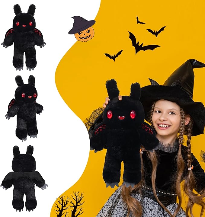 Mothman Plush Toy Halloween Stuffed Animals Cryptid Plush with Red Eyes and Embroidered Wings Gifts Collection Decor for Kids Adults Black 12 Inch