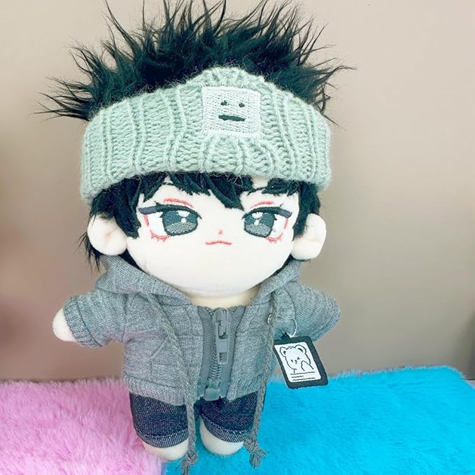 niannyyhouse 10cm-15cm Plush Doll Clothes Headband Coat Jeans Compatible with 17cm Labubu Doll (Gray+Black)