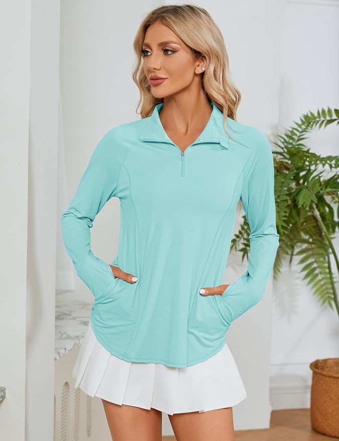 LOMON Women Long Sleeve Shirts Sun Protection 1/4 Zip Summer Quick Dry Hiking Shirts Quarter Zip Pullover for Women