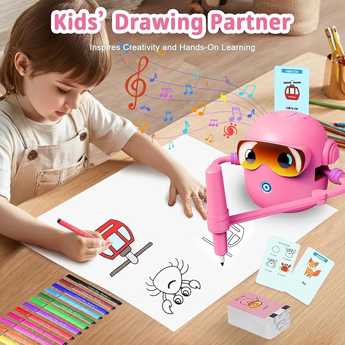 Smart Drawing Robot for Kids with 100 Cards & 12 Color Pens, Voice Interactive Educational Painting Machine, Montessori Learning Toy, Magic Drawing Robot, Ideal Gift for Boys and Girls Ages 3+ (Pink)