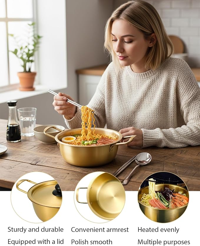 Korean Ramen Cooking Pot, Korean Noodle Pot Ramen Cooking Pots Instant Noodle Pots With Lid Spoon And Chopsticks (1pair) For Kitchen Cookware (9.6 x 3.5 Inches)