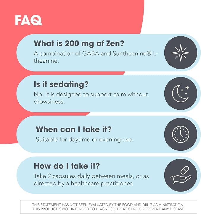 Allergy Research Group ARG 200 mg of Zen - Supports Calm and Stress Balance - Delivers 200 mg L-Theanine & 550 mg GABA per Serving - Vegetarian & Hypoallergenic - 60 Servings - 120 Capsules