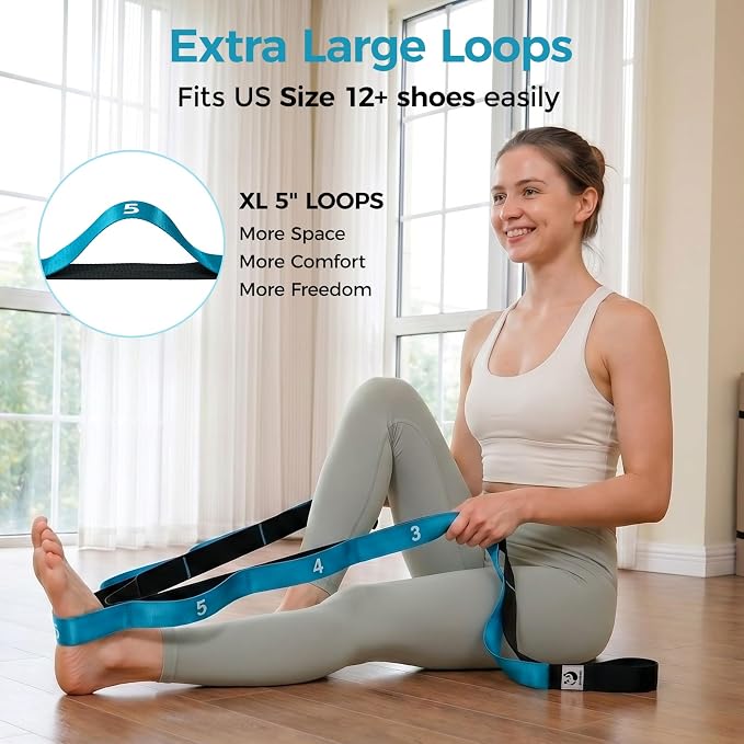 Slim Panda Stretching Strap with Loops - Non-Elastic Heavy Duty Nylon Yoga & PT - Oversized Multi-Loop Home Rehab - Hamstring Shoulder Pilates Flexibility
