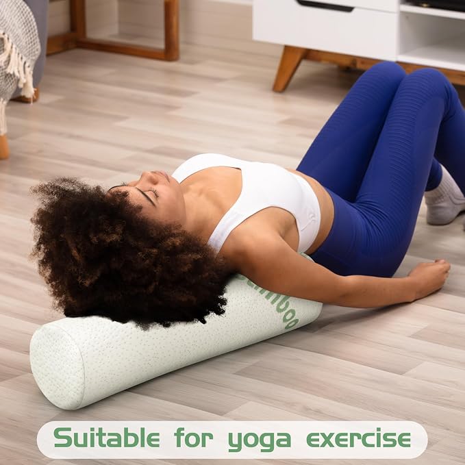 Bucherry 1 Pcs 18 x 4 Inches Cervical Neck Roll Memory Foam Pillow Cylinder Bolster Pillow for Bed Round Neck Support with Removable Washable Cover for Sleeping Travel Yoga Legs Back Lumbar