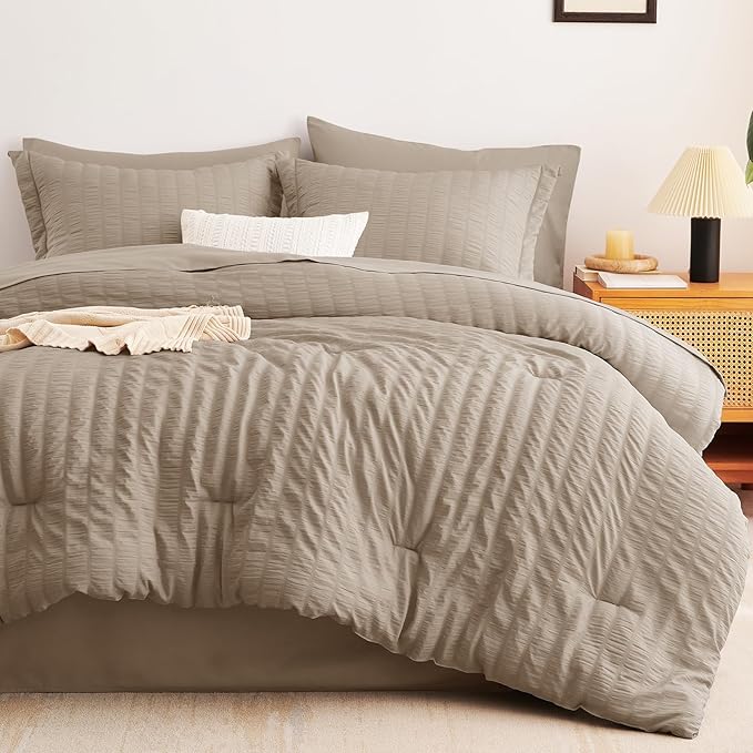 CozyLux Full Size Comforter Sets with Sheets 7 Pieces, Khaki Seersucker Bed in a Bag Textured Luxury Soft Bedding Sets with Down Alternative Comforter, Sheets, Pillowcases & Shams for All Season