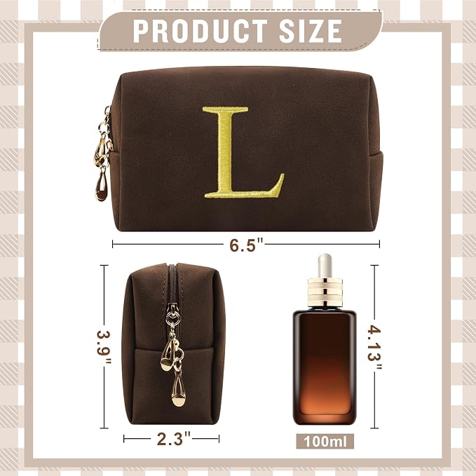 Personalized Initial Makeup Bag,Preppy Suede Cosmetic Bag for Teen Girls,Small Monogram Travel Toiletry Bag With Gold Embroidered Letter,Trendy Stuff Custom Christmas Gift for Women(Coffee-L)