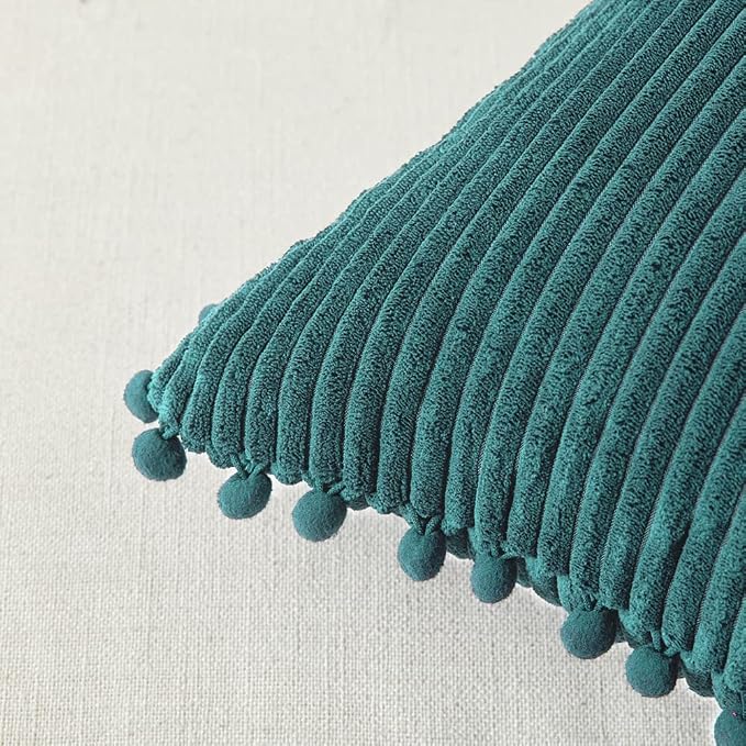 Fancy Homi Set of 2 Teal Decorative Throw Pillow Covers 12x12 Inch with Pom-poms for Couch Bed Sofa, Modern Farmhouse Boho Home Decor, Soft Plush Corduroy Cute Cushion Case 30x30 cm