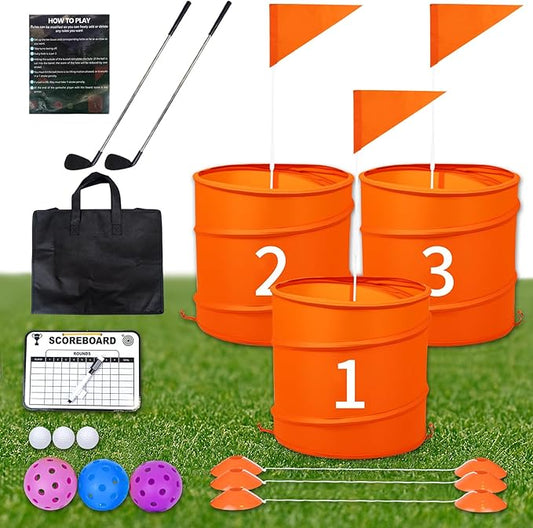 Orange 3PCS Backyard Golf Game, Set with:3Pop-Up Holes + 3 Flags + 6 Tee Boxes + 3 Game Balls + 1 Carrying Bag + 3 Connecting Ropes + 1 Scoreboard + 2 Clubs + 3 Golf Balls + 1 Manual,Outdoor
