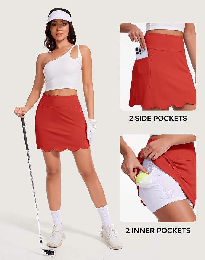 Skorts for Woman with Pockets 16" Golf Athletic Skirts Scalloped Hem Tennis Skirt Dressy Casual