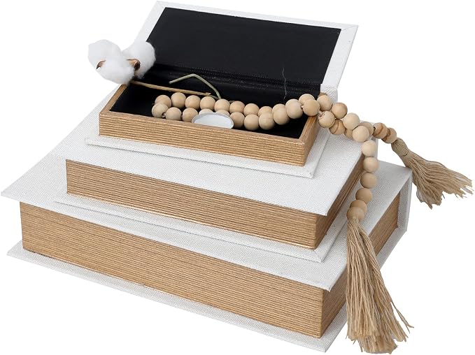 Decorative Book Boxes Set of 3,Modern Faux Linen Hidden Storage, Off White | For Coffee Table – Stackable Fake Books for Shelf Decor, Remote Control & Jewelry Organizer