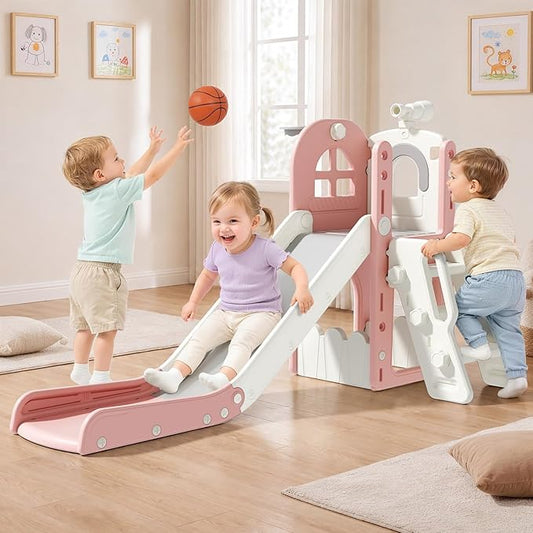 Babytronic Toddler Slide for Kids 1-3, 6-in-1 Toddler Slide Set with Basketball Hoop & Telescope, Indoor Outdoor Toddler Playset, Kids Climber Playset for Small Spaces, Indoor Playground, Pink