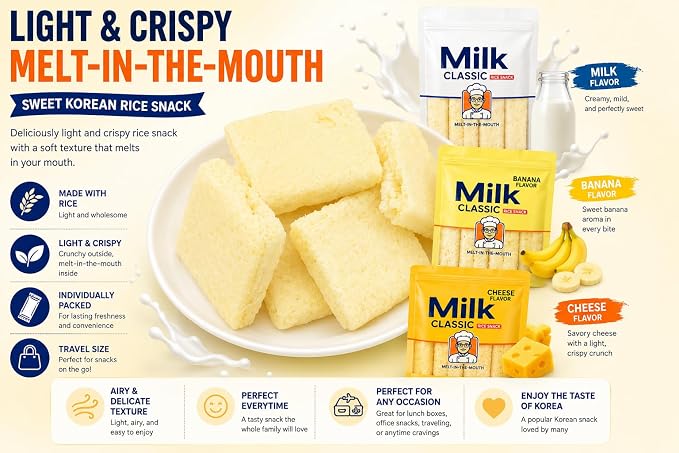 Milk Classic Rice Snack Variety Pack, Korean Crispy Rice Snack, Light & Melt-in-The-Mouth Texture, Individually Wrapped Travel Size Snacks, Banana Cheese Milk Flavors, 3 Pack, 1.97 oz Each