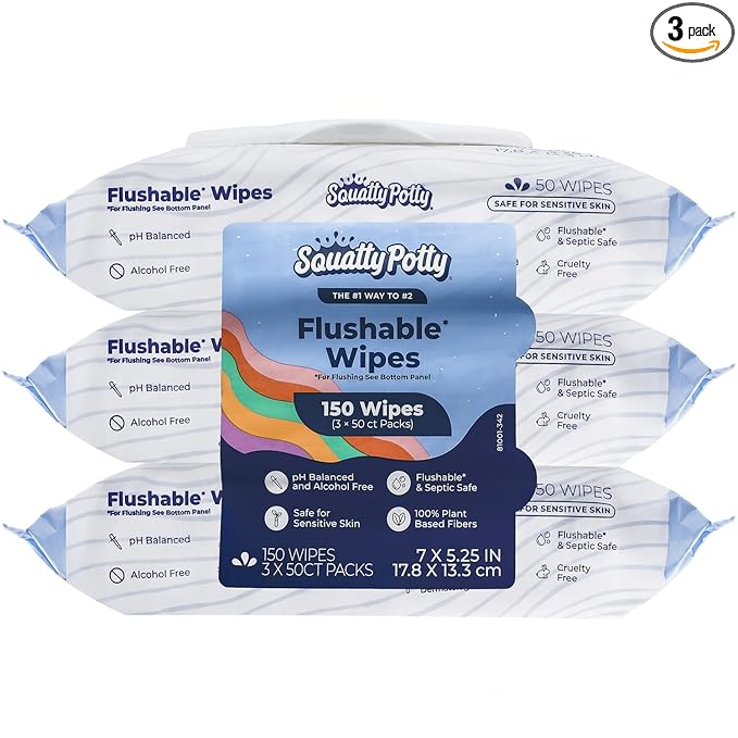 Squatty Potty Flushable Wipes - 3 Packs of 50 (150 Total Wet Wipes) | 99% Water & Plant-Based - Green Tea, Cucumber & Aloe Spa Scent - pH Balanced - Septic Safe Adult Wet Wipes