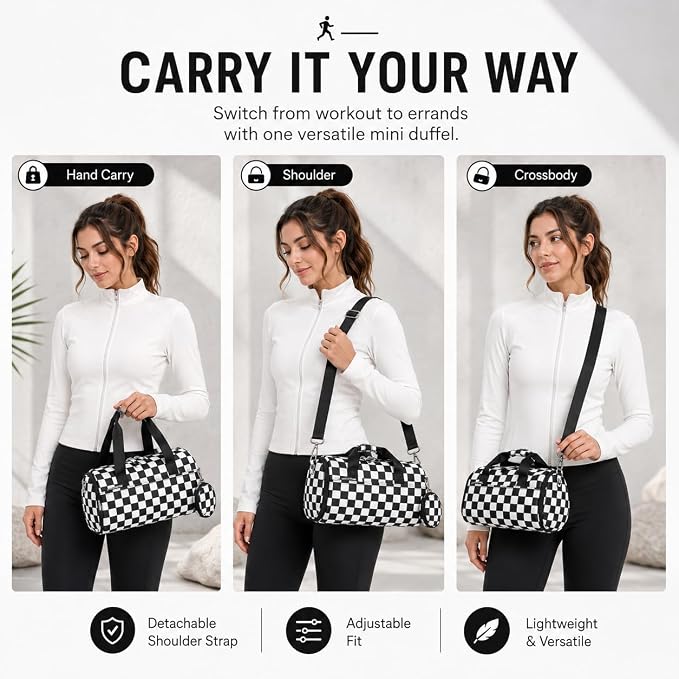 BTOOP Mini Gym Bag for Women, 12-Inch Small Duffle Bag with Wet Pocket and Coin Purse, Lightweight Water-Resistant Workout Bag for Yoga, Pilates, Dance and Travel (Balck-white checkered)