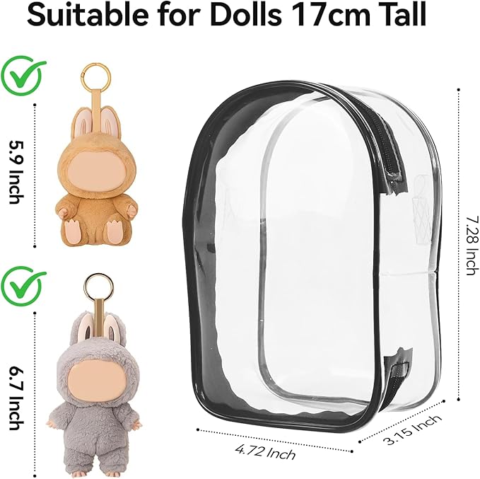 PVC Protective Case for Lububu and Other 17cm Plush Doll, Blind Box Doll Display Case for Lafufu, Clear Hanging Storage Bag Keychain, Doll Clear Bag Carrying Bag for Figures (Black)