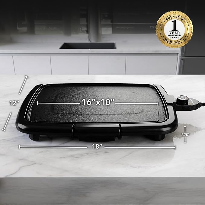 OVENTE Electric Griddle with 16 x 10 Inch Non-Stick Plate, Black GD1610B | Removable and Adjustable Temperature Control, Indoor Grill perfect for Instant Breakfast, Pancakes, Eggs or Burgers