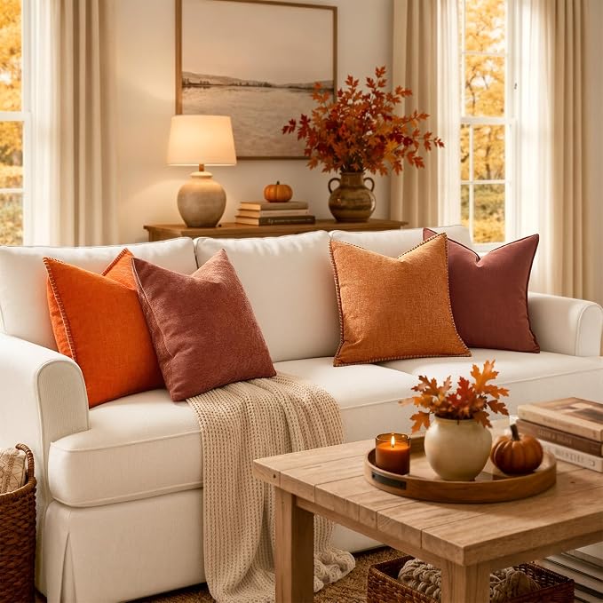 MIULEE Fall Decorative Couch Throw Pillow Covers 20x20 Inch Orange 2 Pack | Farmhouse Pillow Covers with Stitched Edge, Soft Chenille Cushion Cases, for Sofa Bed Living Room Home Decor