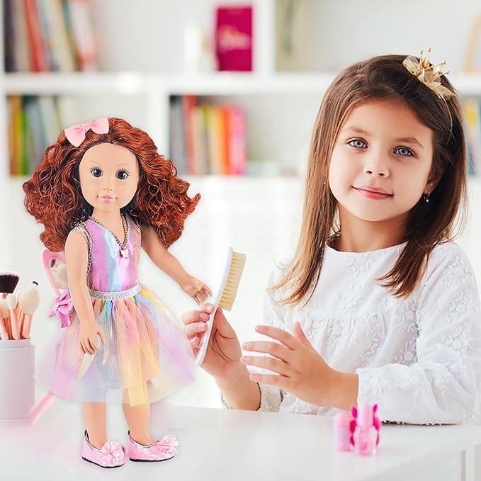 ZITA ELEMENT 18 Inch American Doll with Doll Clothes and Accessories Including 18 Inch Doll Rainbow Dress Bow Bag Shoes Hairpin Necklace for Kids