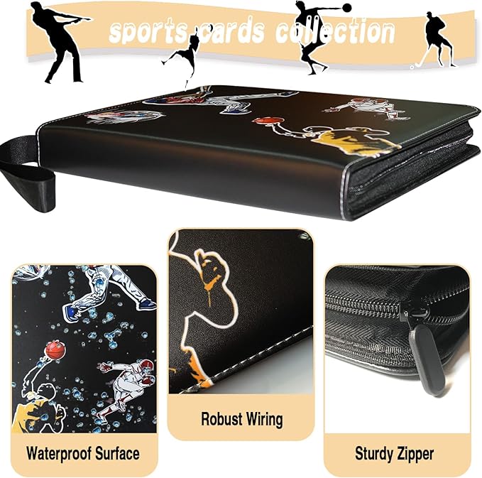 Large Capacity Sports Card Binder with Zipper, 9 Pocket, Fits 900 Cards, Waterproof, Durable PU Leather Exterior