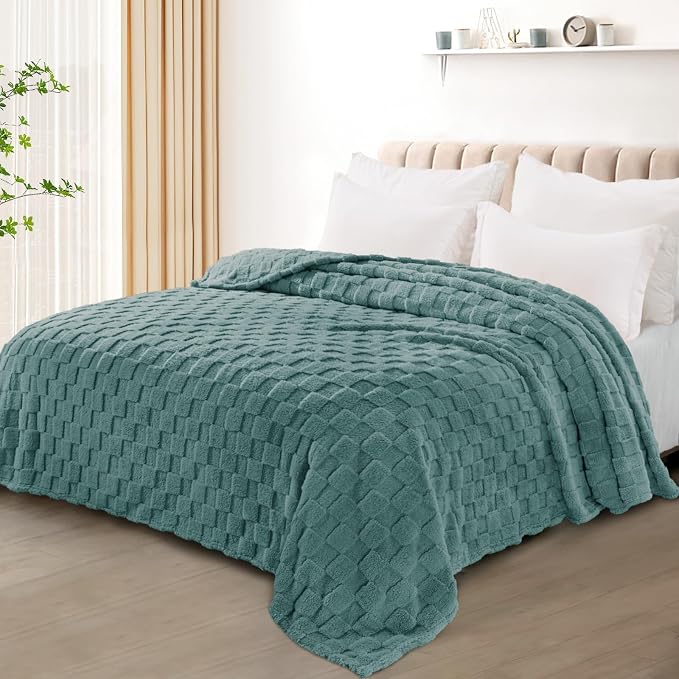 Exclusivo Mezcla 3D Checkered Fleece King Blanket for Bed, Celadon | Super Soft and Cozy Fluffy Blanket, Lightweigh and Breathable Blanket for Living Room, Bedroom, Decor, All Season, 104"x90"
