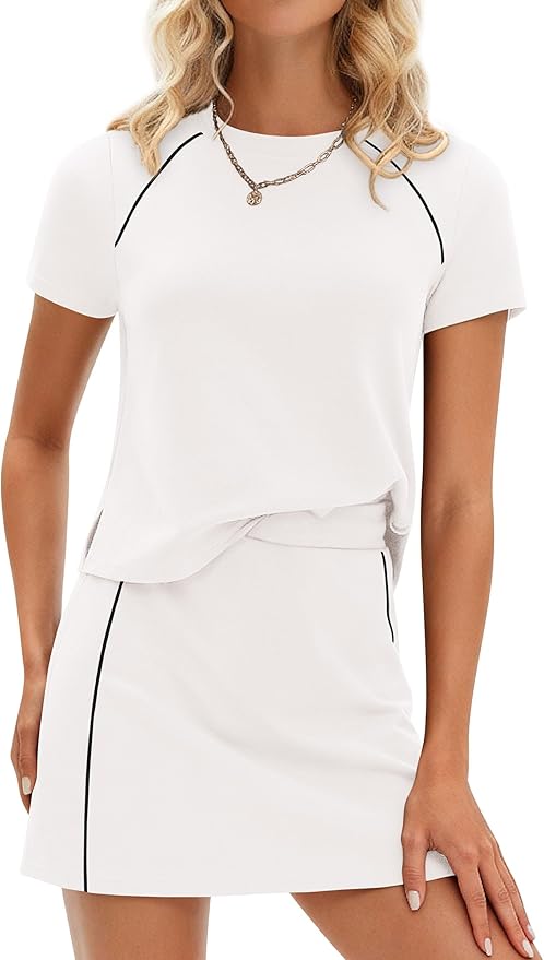 PRETTYGARDEN Women's 2 Piece Skirt Sets Matching Clothing | Short Sleeve Shirts,Color Block Tops,Mini Skirts with Shorts Pockets,Skort Set,Workout Active Wear,Tennis Golf,Summer Outfits