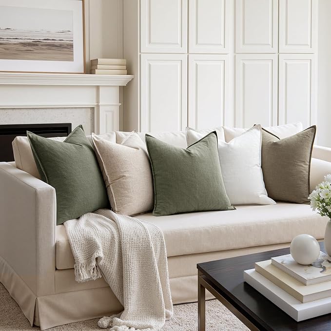 MIULEE Decorative Linen Euro Sham Pillow Covers 24x24 Inch Olive Green | Boho Farmhouse Neutral Couch Throw Pillows for Bed, Pack of 2 Accent Modern Pillowcases, Sofa Livingroom Home Decor