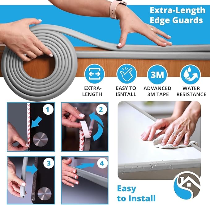 Premium 12ft Edge Protector for Baby, Odorless & Waterproof Foam Cushion with 3M Adhesive Tape, Non-Toxic to Baby Proof Corners and Edges, Wall Corner Protector & Desk Edge Cushion Gray