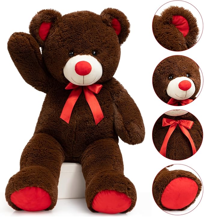 Big Teddy Bear Stuffed Animal Giant Teddy Bear Plush with Red Ribbon Bow Plush Toy Gift for Girlfriend Bride 36 inch Chocolate