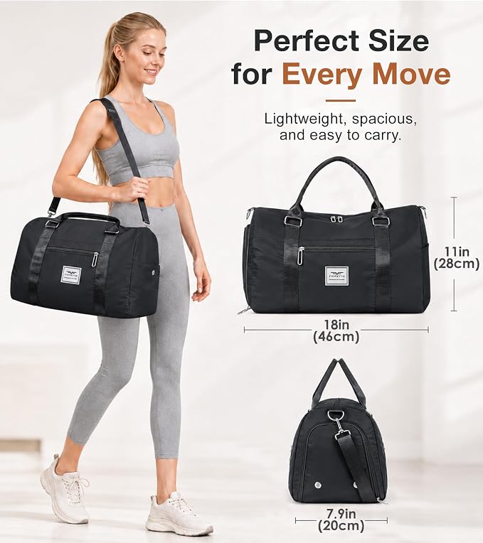 FIORETTO Womens Gym Tote Duffle Bag with Wet Pocket & Shoe Compartment, Sports Duffel Overnight Weekender Hospital Workout Carry on Bag for Girls, Ideal for Travel, Swimming, Dance, Ballet Black