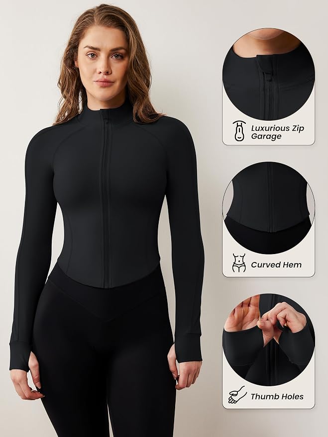 AVGO Women's Workout Jacket Lightweight Zip Up Cropped Yoga Jackets Slim Fit Athletic Tops with Thumb Holes