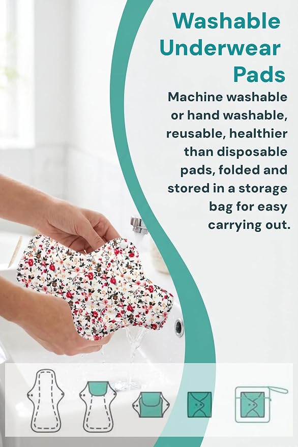 Washable Menstrual Pads,Reusable Incontinence Pads,Panty Liners Pads,Period Pads Sanitary Napkins,with 1 Storage Bag,for Women Postpartum/Incontinence Patients(Cotton Red flower/M/6pcs)