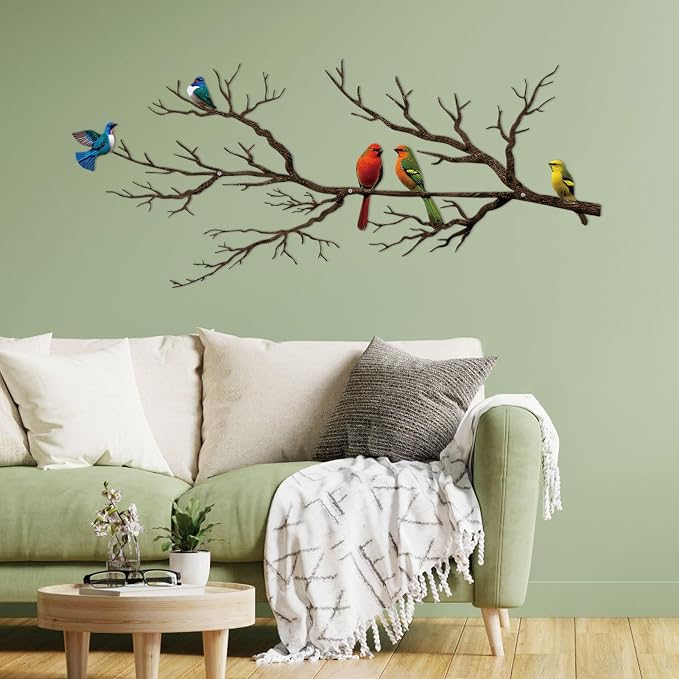 ESTART Metal Birds Wall Art, Metal Vivid Birds on Branch Silhouette Wall Decor Black Leaves with Bird Outdoor Hanging Wall Sculpture for Home Balcony Garden (Vintage Color, Large)