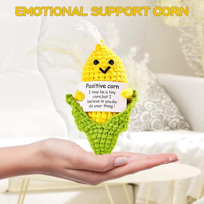 Hoedia Handmade Emotional Pickle Gift, Emotional Cucumber Crochet Doll Inspirational Gifts with Cards, Cute Knitted Funny Support Pickle Potato Friend Birthday (Positive Corn)