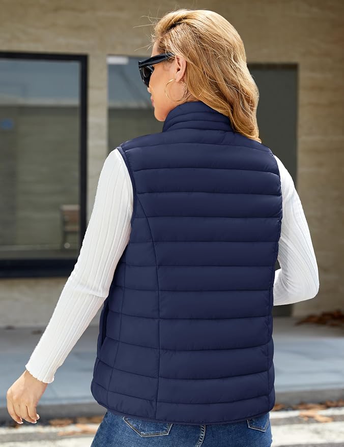 MAGCOMSEN Women's Puffer Vest Lightweight Stand Collar Zip 4 Pockets Puffy Vests Sleeveless Quilted Padded Outerwear