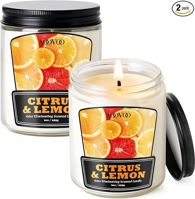 AOOVOO Citrus Lemon 2 Pack Odor Eliminating Candle - Up to 100 Hours Burn time, Eliminates 95% of Pet, Smoke, Food, and Other Smells Quickly, 18 oz Non Toxic Highly Fragranced Air Freshing Soy Candle