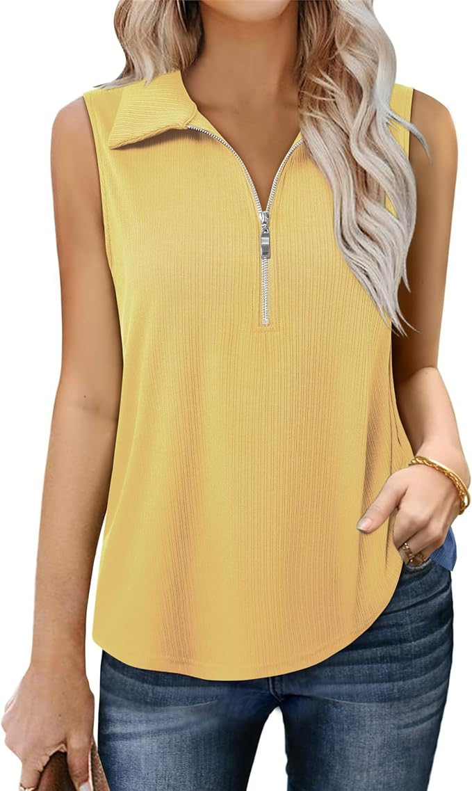 Vivilli Womens Ribbed Tank Top Zipper V Neck Dressy Casual Blouses Sleeveless Camisole Tops Work Tank Polo Shirts