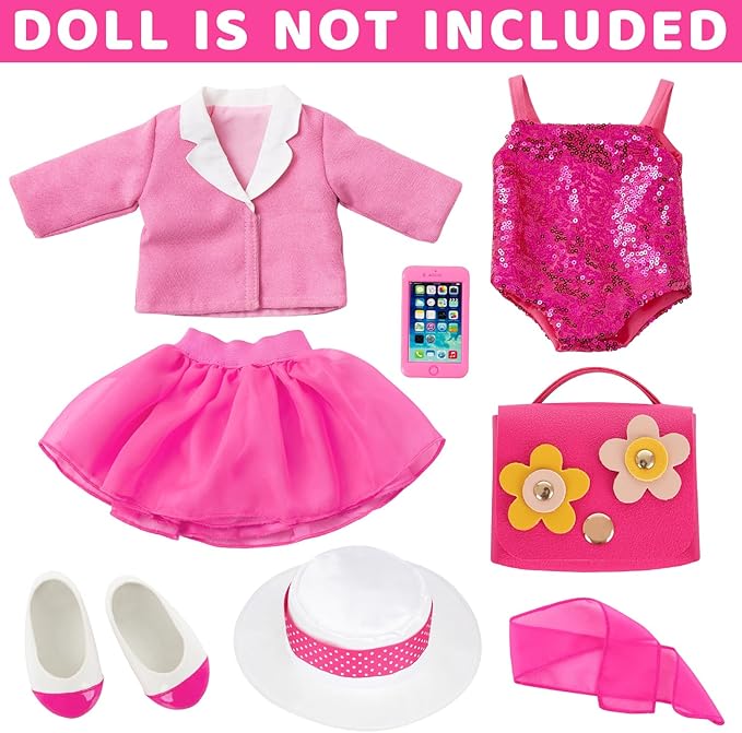 18 Inch Doll Clothes 8-Piece Stylish Pink Outfit Accessories Sets for American 18 Inch Dolls Outfits Trendy Clothes Red Flower Handbag Stuff Accessories for Dress-Up Play (Doll NOT Included)