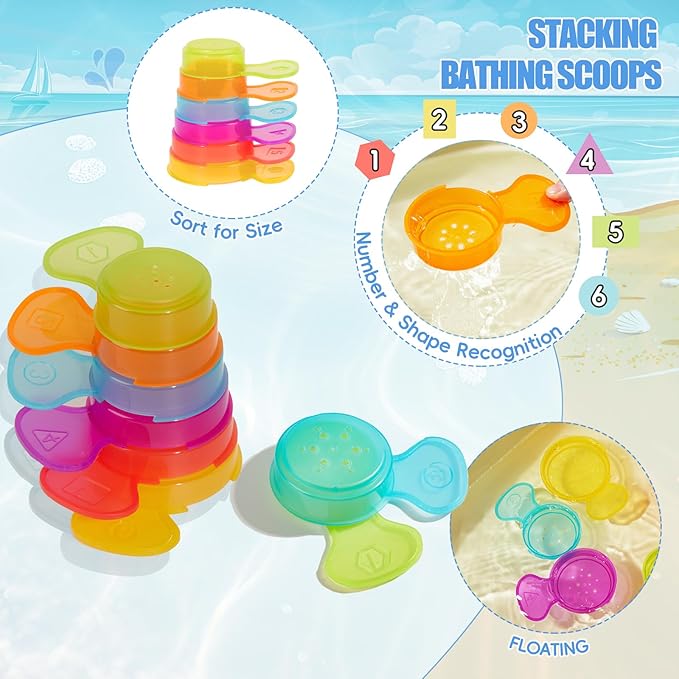 Baby Bath Toys for Kids Ages 1-3 11PCS Mold Free Bath Toys for Toddlers 2-4 with Colorful Floating Boats and Spoons, Baby & Toddler Bathtub Sand Beach Pool Water Toys for Christmas Birthday Gifts
