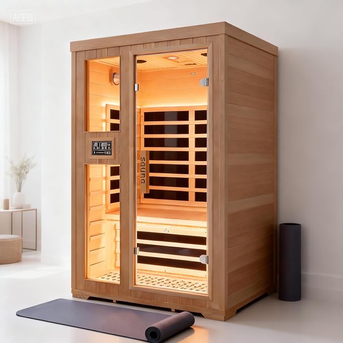 2-Person Infrared Sauna, Indoor Home Sauna Room Hemlock Wood Sauna Low EMF Far Infrared Heating with Tempered Glass Door Bluetooth Speakers, Chromotherapy Lights for Family（110V, 1850W）Truck delivery