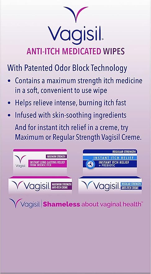 Vagisil Anti-Itch Medicated Feminine Intimate Wipes for Women, Maximum Strength, Gynecologist Tested, 12 Wipes (Pack of 1)