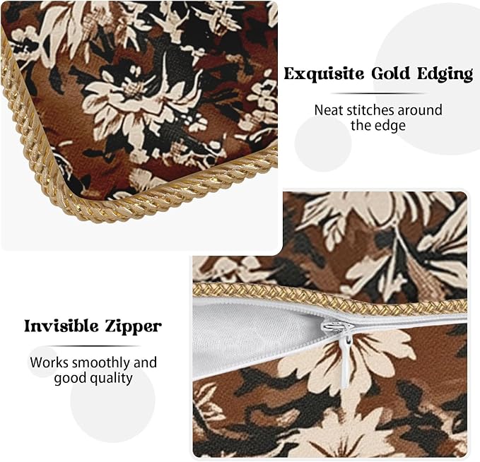 Vintage Brown Cream Floral Velvet Pillow Covers 18x18 Inch Tapestry Neutral Flowers Throw Pillows for Couch Cushion Covers Pillowcase Boho Farmhouse Pillow Cases for Sofa Bed Bedroom