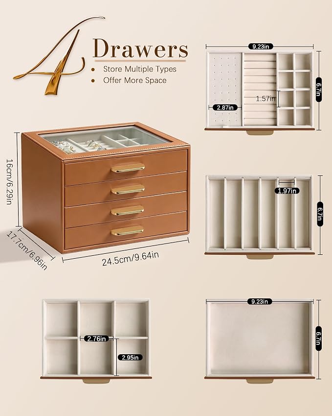 Homeanda Jewelry Boxes Organizer with Glass Lid, 4-Layer PU Leather, Brown | Modern style display case with 4 drawers for daily jewelry, women, mom or girl gift