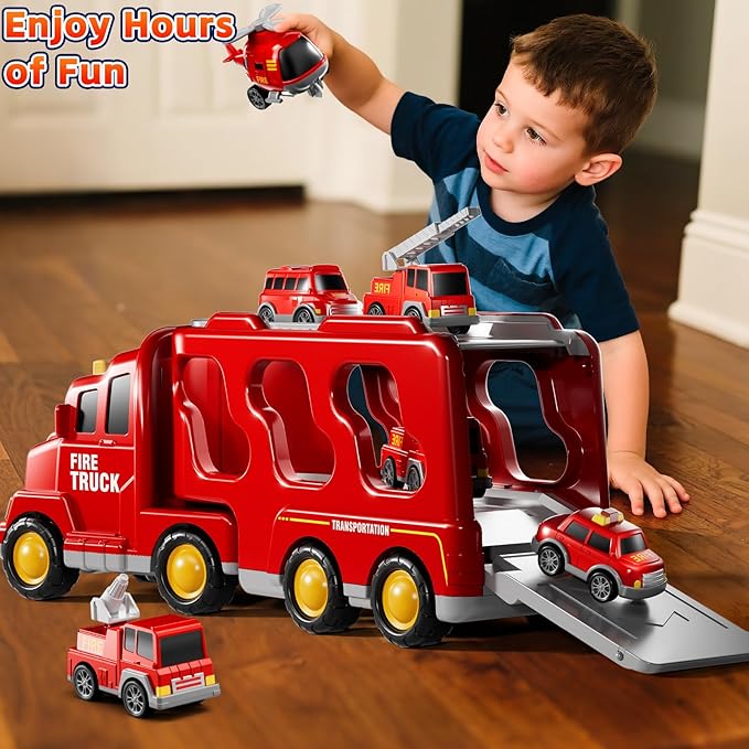 Fire Truck Toys for Toddler 1-3 3-5, 7-in-1 Fire Car Carrier Vehicle Set for Girls 1 2 3 4 5 6 Years Old, Transport Car with Light Sound, Birthdays Gifts for Kids Girls Aged 3-9