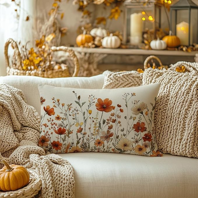 AACORS Fall Floral Pillow Cover 12x20 Inch, Autumn Seasonal Sofa Decor