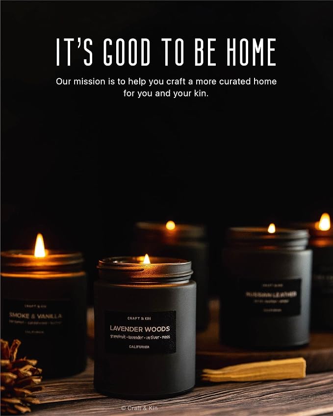 Craft & Kin Premium Smoke & Vanilla Scented Candle – Long Lasting, 45 Hour Burn Time – Luxury Black Natural Soy Scented Candle for Men with Wood Wick – Room Decor and Aromatherapy – 7.6 oz